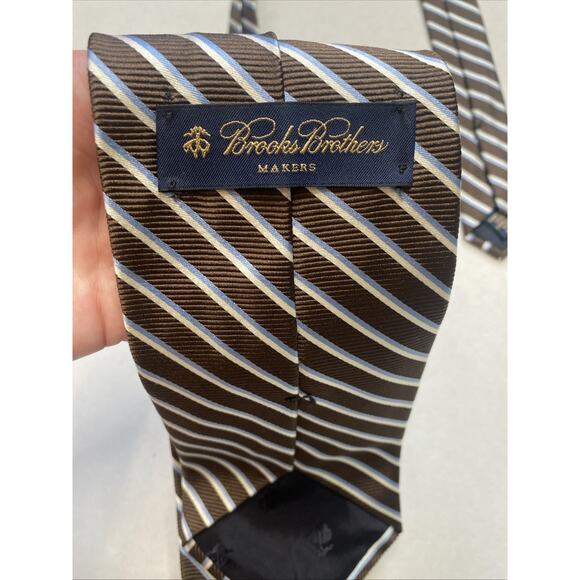 Brooks Brothers Makers Necktie 100% Silk Brown Blue Stripe Career Party Guest - Picture 5 of 7